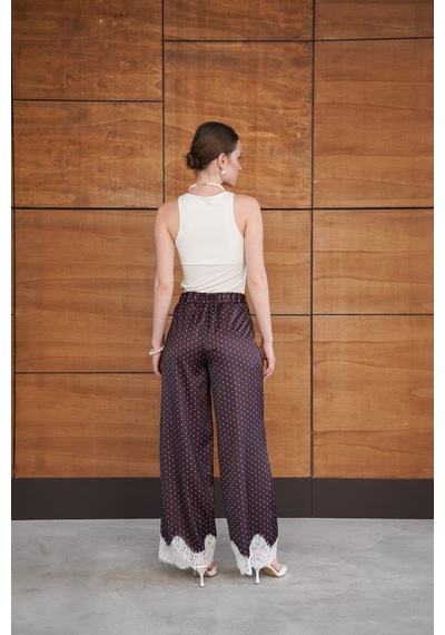 Verymoda Puantiyeli Paçası Dantelli Saten Pantolon D2970 Kahve
