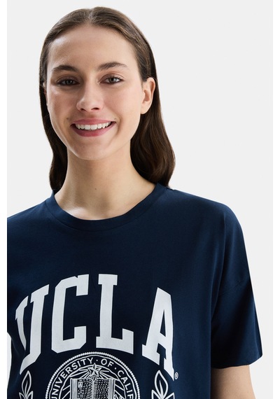 Avalon Lacivert Bisiklet Yaka Baskılı Oversize Kadın Tshirt Lacivert