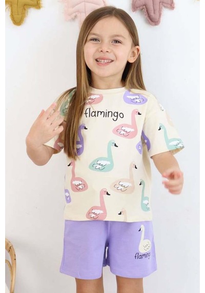 Riccotarz Kız Çocuk Flamingo Baskılı Kısa Kollu Mor Şortlu Takım 001