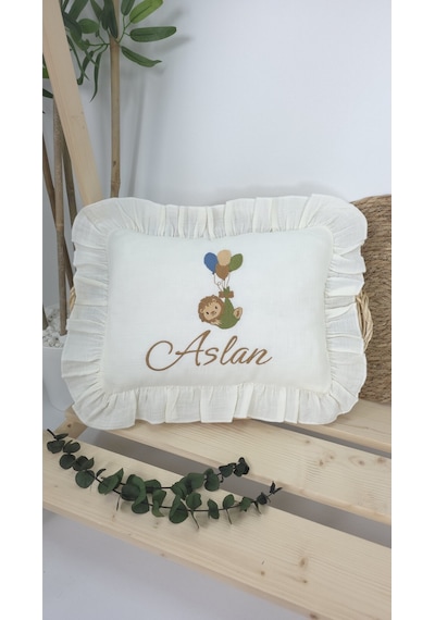 Gros Shop Müslin Yeni Doğan 4katlı Organik %100pamuk Kişiye Özgü Nakışlı Hastane Çıkış Seti-aslan Model Ekru