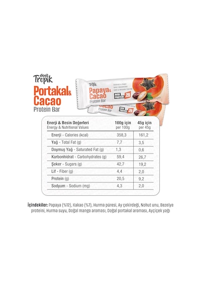 Papaya Ve Kakao Aromalı Protein Bar 45 G Protein İçeren Atıştırmalık Ve Sporcu Barı 5 Adet