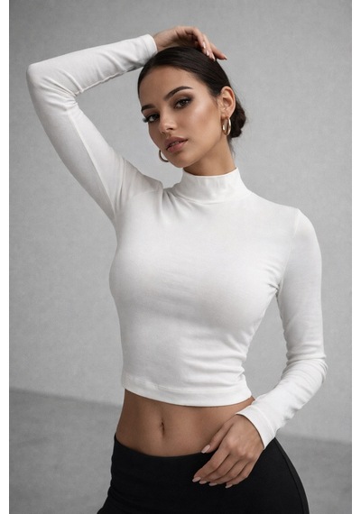 Wild Bee Kadın Ekru Yarım Balıkçı Yaka Uzun Kollu Bluz