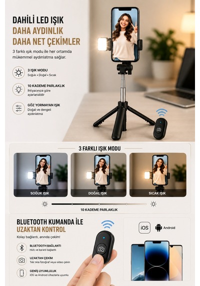 Concord 100 Cm Bluetooth Kumandalı Led Işıklı Selfie Çubuğu 3'ü 1 Arada Telefon Tripod Vlog Standı