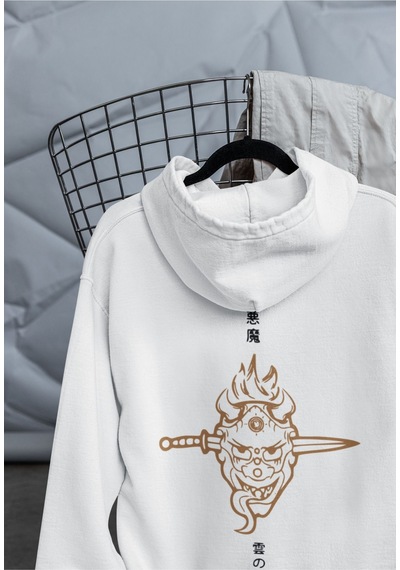 Macklin Unisex Kadın Erkek Japon Yazı Ve Maske Ön Arka Baskılı Özel Tasarım Baskılı Kapşonlu Sweatshirt Beyaz Mck1545 Beyaz