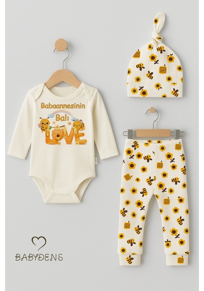 Babyden's Babaannesinin Balı 3 Lü Yenidoğan Takım Pamuklu Uzunkol Body,çiçek Arı Desenli Pantolon,bere Ekru