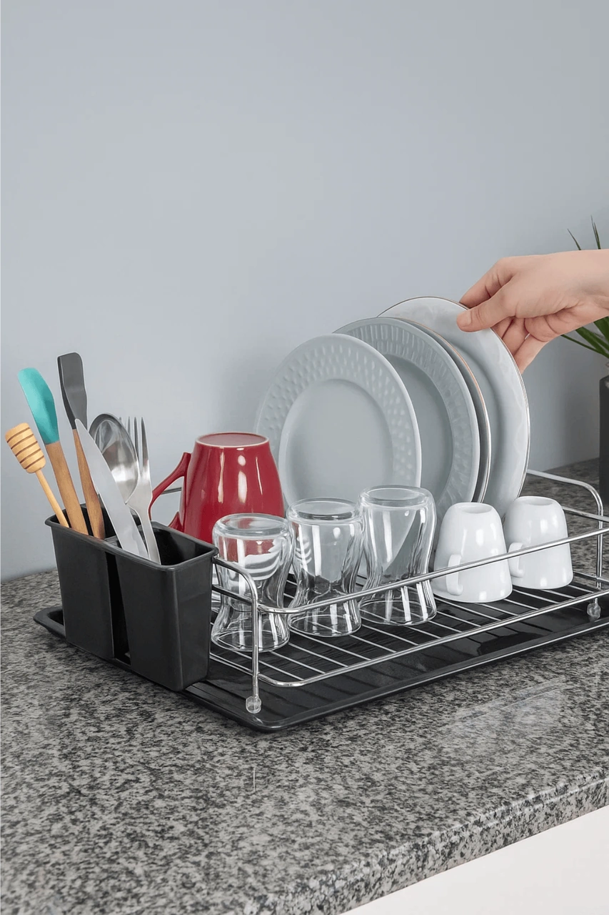 Metal Tezgah Üstü Bulaşık Sepeti Tabak Bardak Rafı Plastik Altlıklı Organizer - Krom Krom