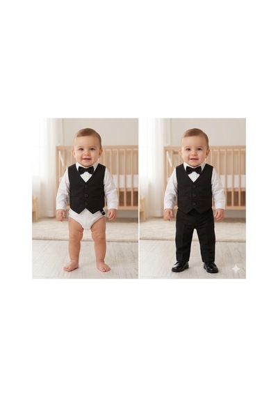 Baby Kids Colors Erkek Çocuk Smokin Takım Elbise Düğmeli Yelekli Papyonlu Zincirli Siyah