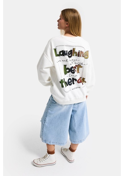 Kadın Beyaz W5 Oversize Baskılı %100 Koton Organik Kumaş Sweatshirt