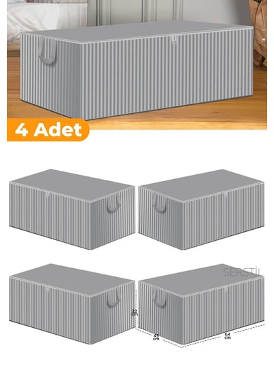 Serstil 4 Adet - Antrasit Çizgili Büyük Boy Baza Altı Ve Çekyat Tipi Hurç 65 X 45 X 22 Cm