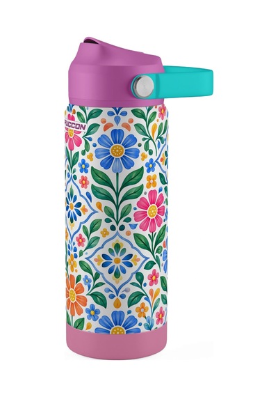 Puccon 540 Ml Çiçek Desenli Yeşil - Mor Kız Çocuk Pipetli Çelik Termos Matara/suluk - 60065
