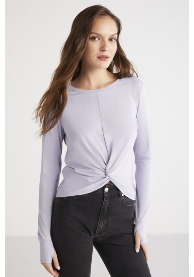 Ethıquet Genesıs Kadın Slim Fit Dar Kesim Önü Nervürlü Drape Detaylı Yuvarlak Yaka Crop Lila Bluz