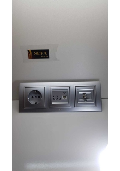 Zena Metalik Gri/telefon Prizi/uydu Prizi/topraklı Priz Çerçeveli Üçlü Takım Elbi Silverline Serisi