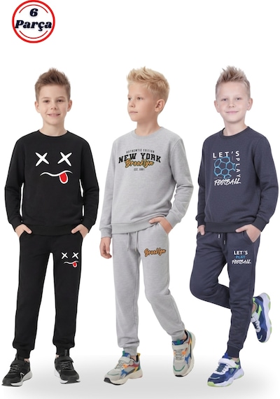 Fyk Kids 3'lü Yuvarlak Yaka Baskı Detaylı 6 Parça Erkek Çocuk Eşofman Takımı Füme - Siyah