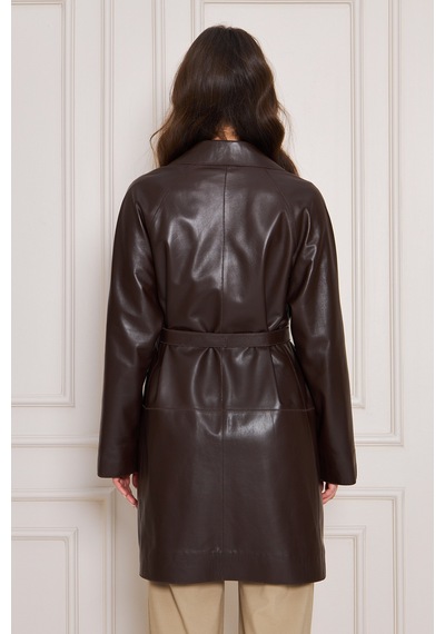 M M Marki Marki Kadın Hakiki Deri Trençkot Kahverengi, V Yaka, Kuşaklı, Düğme Kapamalı, Oversize, 90 Cm - 117122
