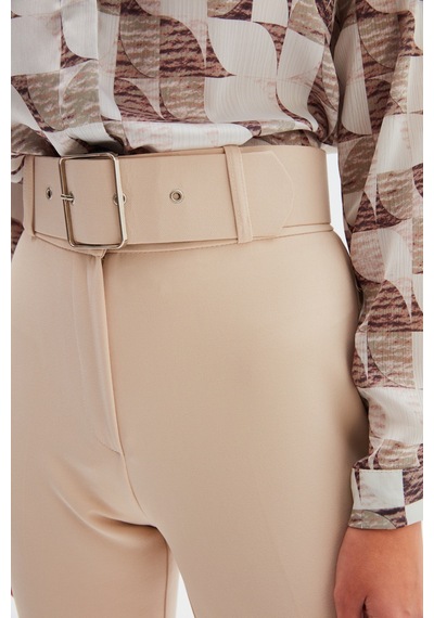 Sateen Yüksek Bel Kemerli Pantolon - Bej