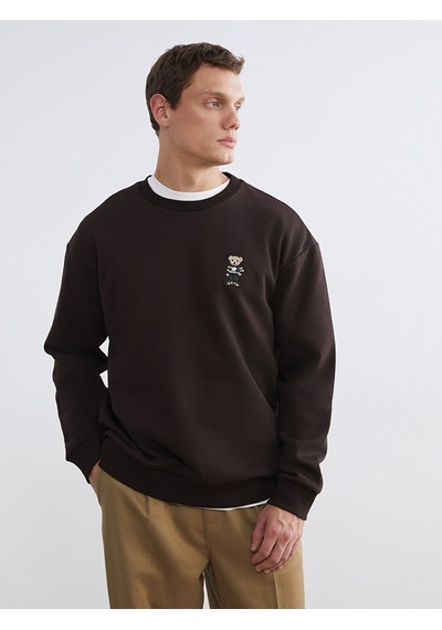 Lcw Vision Kahverengi Bisiklet Yaka Ayı Teddy Baskılı Erkek Kalın Sweatshirt