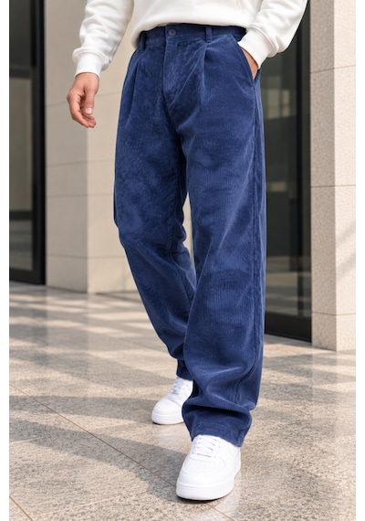 Polo State Erkek Yıkamalı Fitilli Kadife Bol Kesim Pantolon - Saks