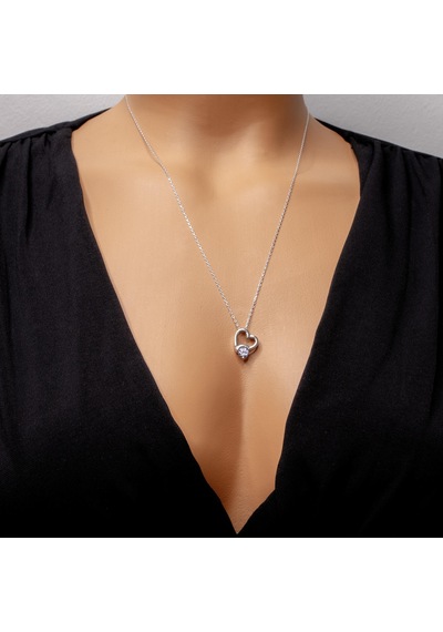 Madam Matmazel Swarovski Tek Taş Kalpli Gümüş Kadın Kolye, 925 Ayar Gerçek Gümüş, Kubik Zirkon