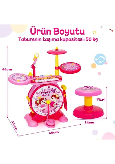 Bateri Seti Piyanolu Işıklı - Mikrofonlu, Tabureli Ve Mp3 Bağlantılı Çocuk Müzik Eğitim Seti
