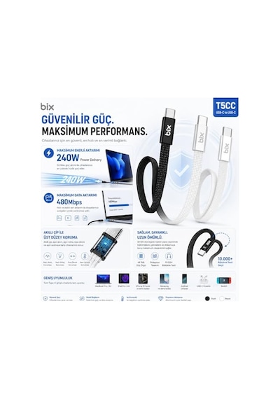 Bix T5cc-bk Siyah 1 Metre 240w Type-c To Type-c Örgülü Hızlı Şarj Ve Data Kablosu, 480mbps 240w Type C Turbo Şarj Diğer