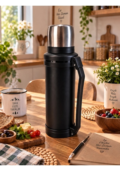 Penguen 2 Litre Paslanmaz Çelik Vakumlu Kamp Termosu Siyah Çok Renkli