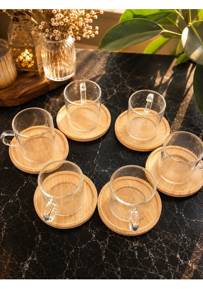 Borosilikat Cam Bardak 12 Parça Bambu Altlık İle Çay Ve Espresso Seti Ahşap