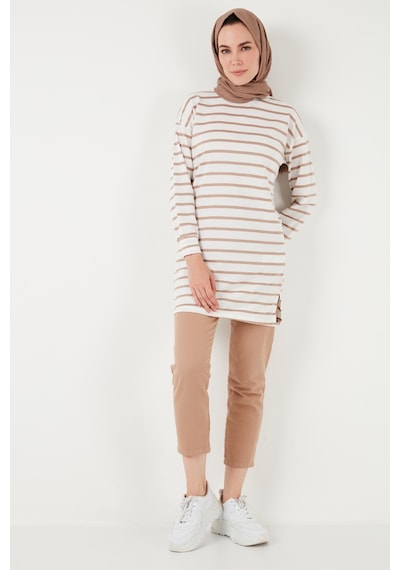 Lela Modest Çizgili Pamuklu Regular Fit Bisiklet Yaka Bayan Tunik 5865784 Bisküvi