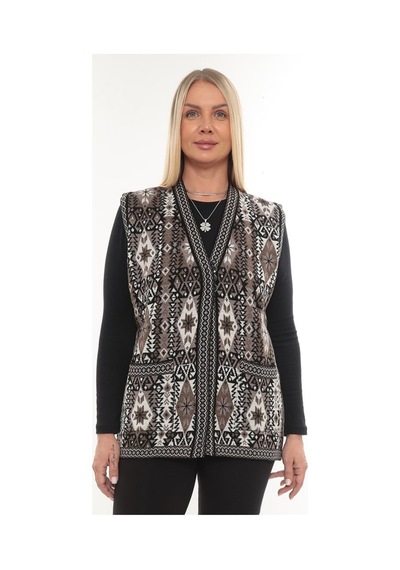 İksun Kadın Etnik Model Triko Örgü Kilim Cepli Kışlık Kalın Anne Yelek Kahve