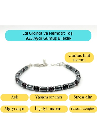 Yıldız Doğal Taş Lal Granat ve Hematit Doğal Taş Gümüş Bileklik 4 MM