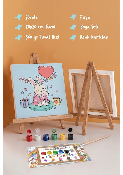 Kalpli Tavşancık Boyama Tuvali Şövaleli Boya Seti 20x20