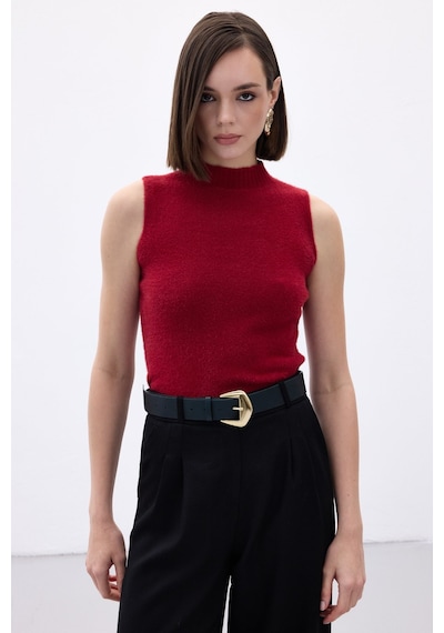 Sateen Sıfır Kol Sakallı Triko Bluz - Bordo-136514 Bordo
