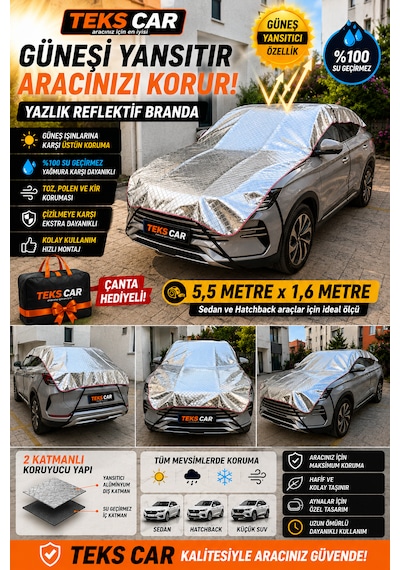 Oto Yarım Araba Brandası Güneş Koruyucu Uv Koruma Isı Yalıtım Oto Güneş Koruma Brandası Premium 1,6 Metre X 5,5 Metre