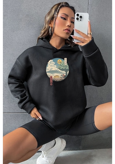 Uyguntarz Unisex Neighbor's Ukiyo E Baskılı Bisiklet Yaka Sweatshirt Siyah
