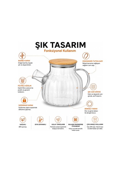 Bambu Kapaklı Kendinden Süzgeçli Borosilikat Cam Demlik 1000 Ml Isıya Dayanıklı Termisil Cam Çay, Kahve Ve Bi Diğer