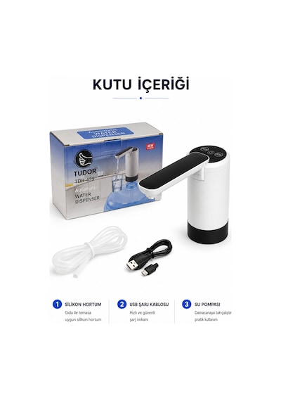 Damacana Pompası Şarjlı Damacana Su Pompası Otomatik Elektrikli Su Pompası Usb Şarjlı 19 Litre Uyumlu Beyaz