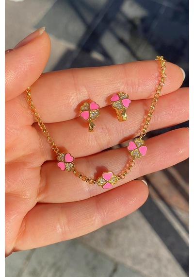 Gümüş Pembe Çocuk Yonca Küpe Bileklik Takım Diğer