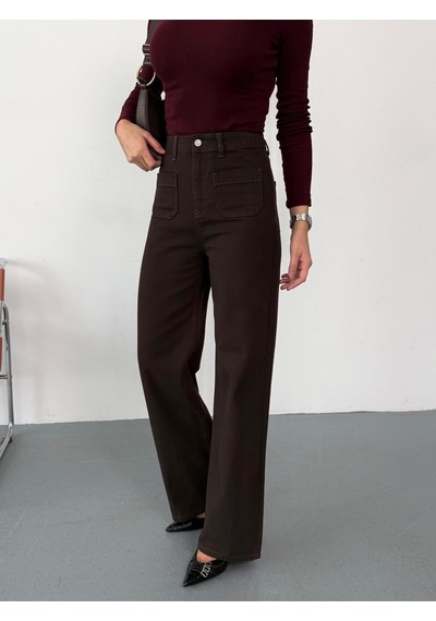 Kadın Kahverengi Ön Cepli Wide-leg Jean Yüksek Bel Geniş Paça Kot Pantolon Kahverengi