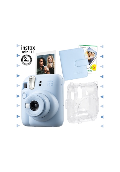 Fujifilm Instax Mini 12 Fotoğraf Makinesi + 20'lu Film + kare Albüm + Şeffaf Kılıf Seti Mavi