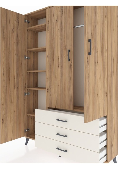 Arges Dolap 6 Raflı 3 Çekmeceli Tek Askılı 132x30x195 Çam-çam... Çam