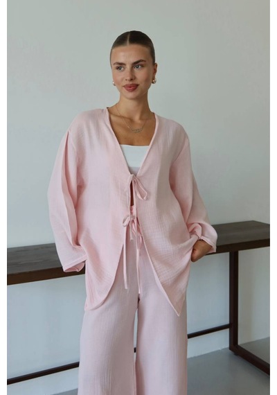 Balenbi Kadın Çift Bağlamalı Müslin Kumaş Kimono 1101 Pembe