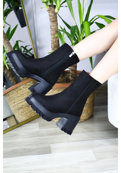 Asmi Shoes Kadın Leysi 8 Cm Platformlu Topuklu Fermuarlı Bot Siyah Süet Siyah