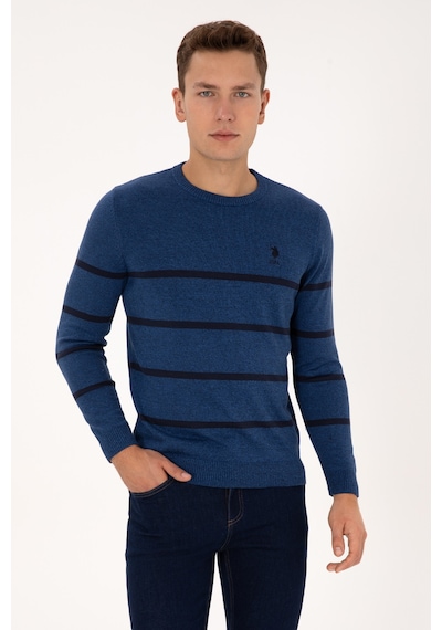 U.S. Polo Assn. Erkek Slim Fit Bisiklet Yaka Çizgili Açık Lacivert Kazak 50314976-VR059