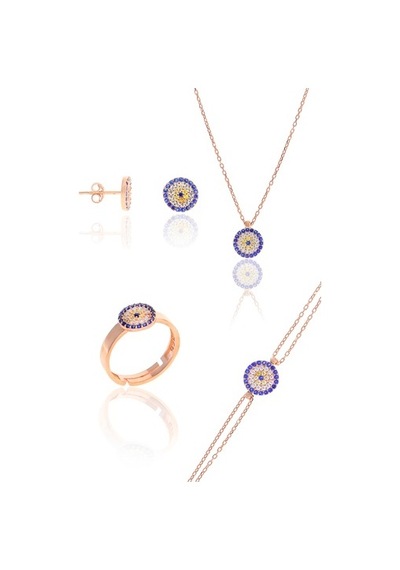 Nazar Boncuğu Tasarım Zirkon Taşlı Roslu Dörtlü Set (S) (505611368)