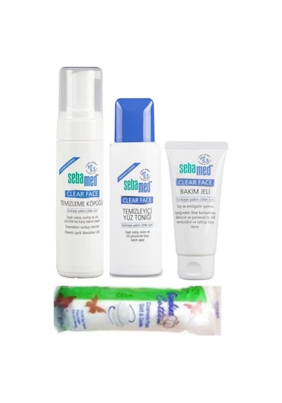 Sebamed Clear Face Temizleyici Yüz Toniği 150 ML + Clear Face Temizleme Köpüğü 150 ML + Clear Face Bakım Jeli 50 ML + Makyaj Pamuğu 70'li