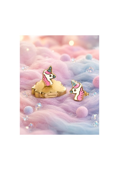Gold 14 Ayar Altın Pembe Mavi Unicorn Çocuk Küpesi