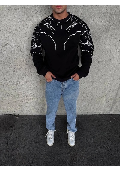 Barlashive Erkek 3 İplik Pamuklu Yıldırım Baskılı Bisiklet Yaka Sweatshirt - Siyah Çok Renkli