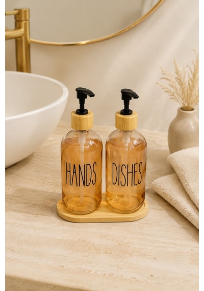 Relly Bambu Standlı İkili Cam Sabunluk Seti 2 X 500 Ml Hands & Dıshes Turuncu
