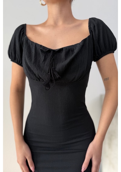 Msm Fashion Kadın Elbise Mini Yazlık Kısa Kollu Yaka Detaylı Esnek Bodycon Elbise Siyah
