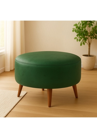 Azra Mobilya Yeşil Yuvarlak Deri Puf 60 Cm Çap, 46 Cm Yükseklik, Modern Ceviz Ayaklı Yeşil