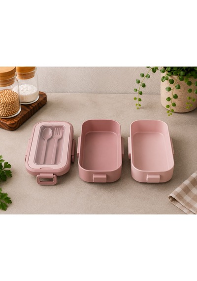 3 Katlı Çatal Kaşıklı Beslenme Ve Yemek Saklama Kabı Pembe